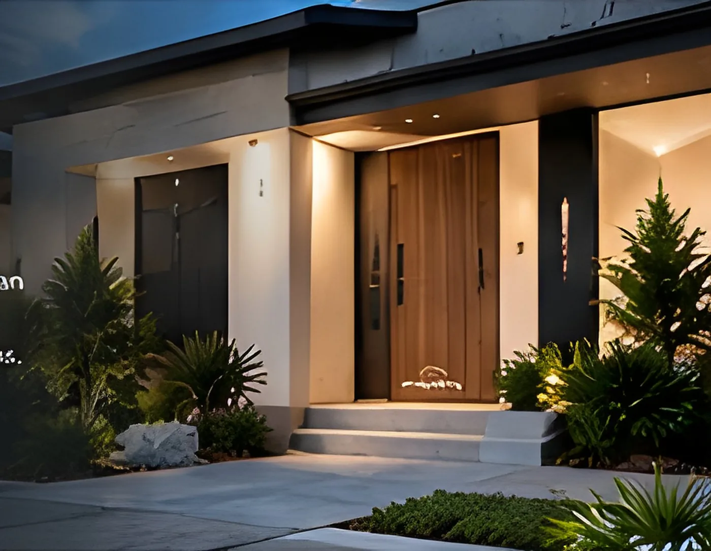 Front entry of a modern home with timber door and garden lighting