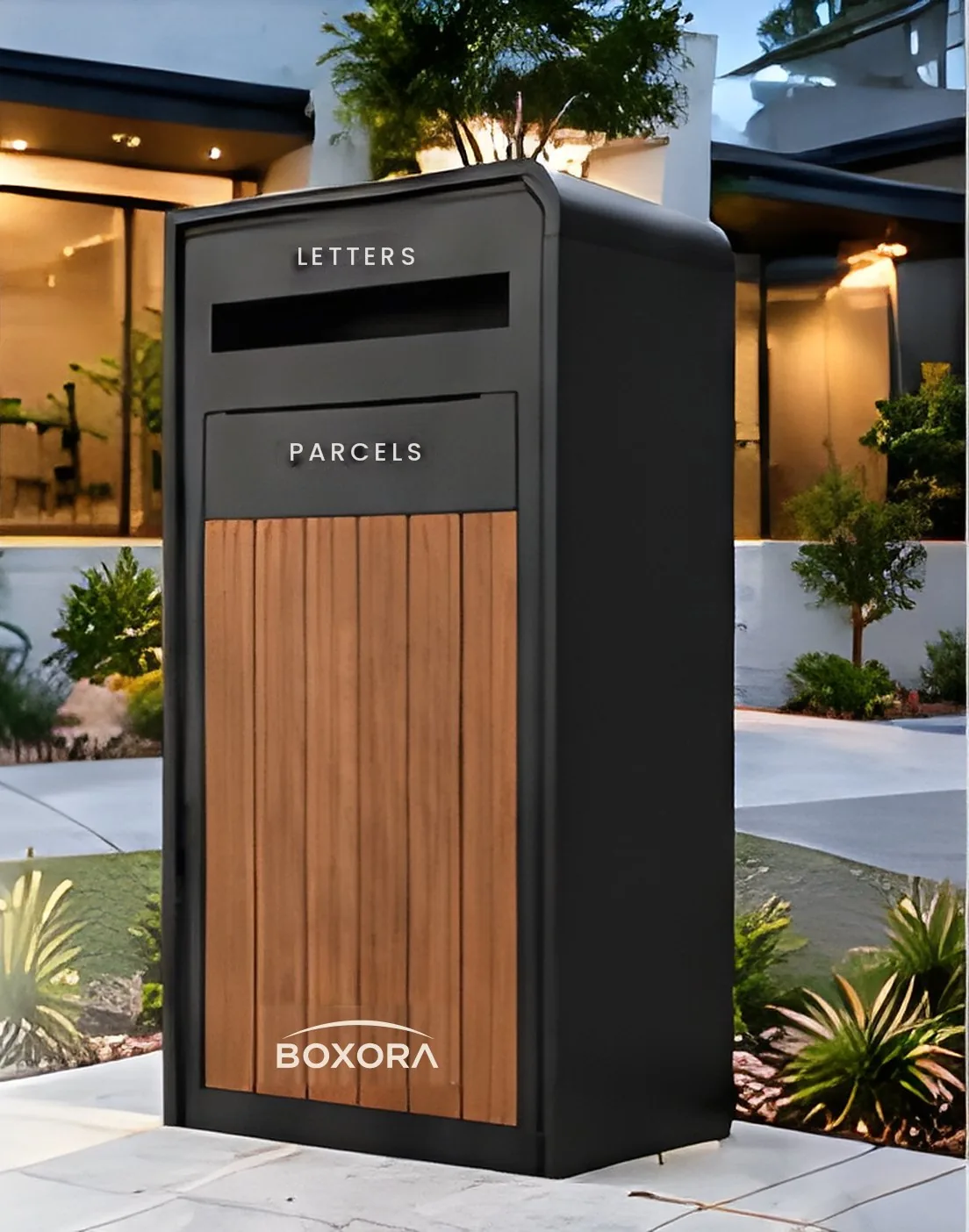 Boxora charcoal parcel mailbox standing in front of a modern Australian home at dusk