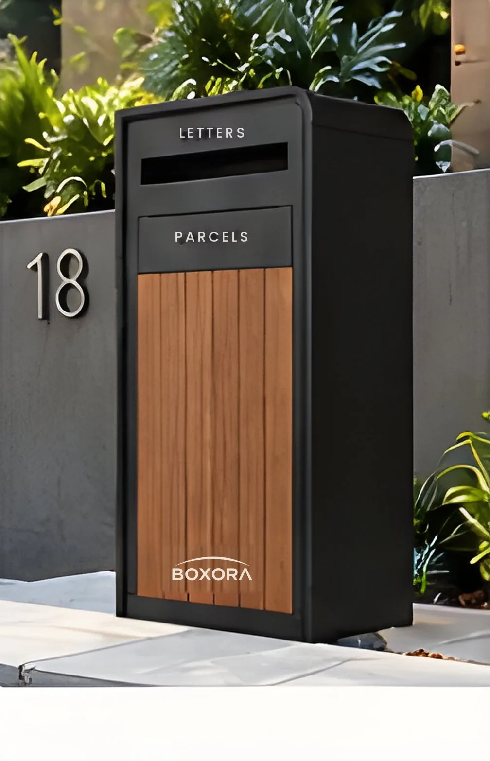 Boxora parcel mailbox beside a rendered fence with house number 18